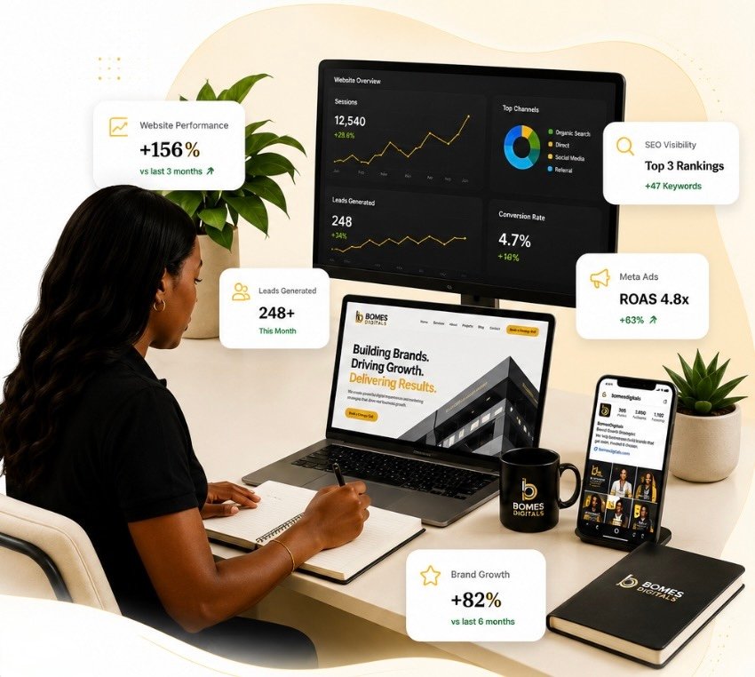 BomesDigitals strategist at a modern desk with monitor, laptop, phone, notebook, mug and plants